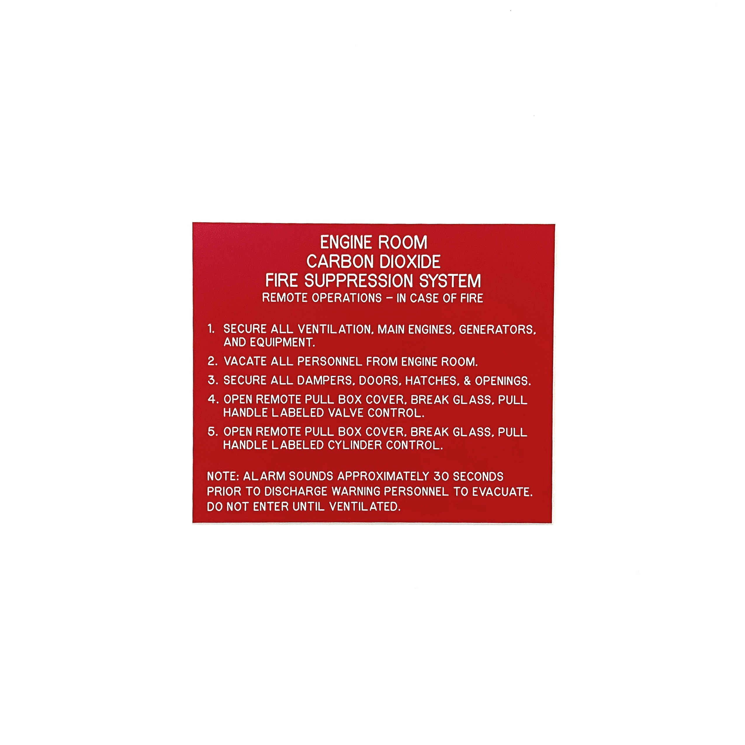 engraved phenolic engine room carbon dioxide fire suppression system warning label