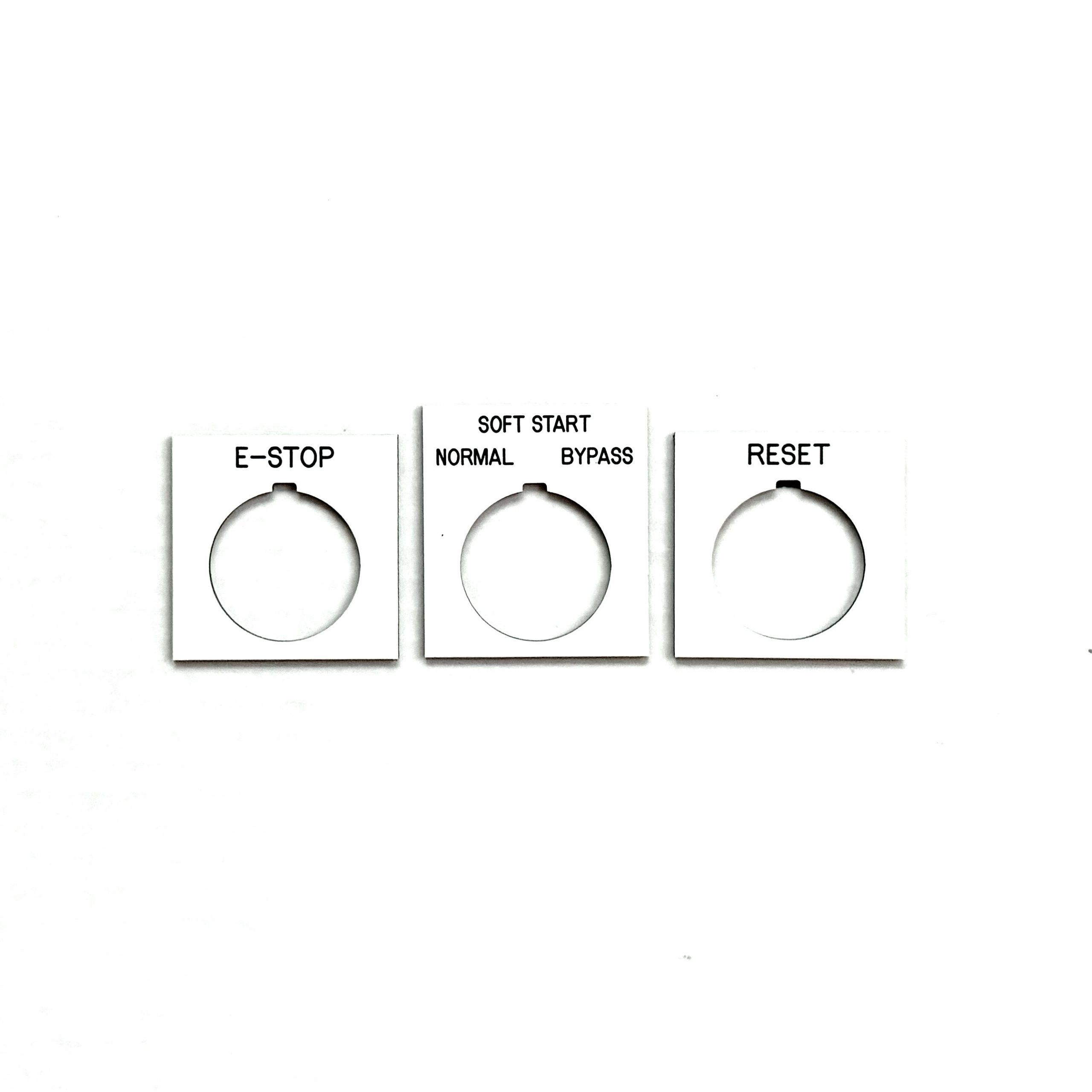 Engraved phenolic control selector cutout labels for push button stations, E-Stop, soft start, and reset, black on white
