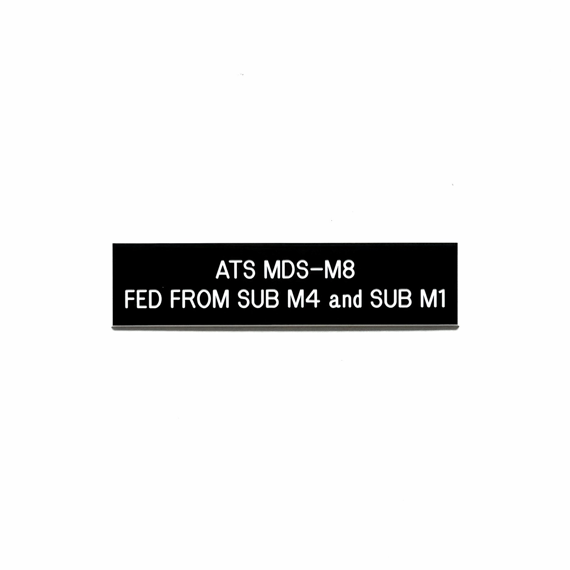 Engraved phenolic automatic transfer switch identification label with dual substation feed source, white on black