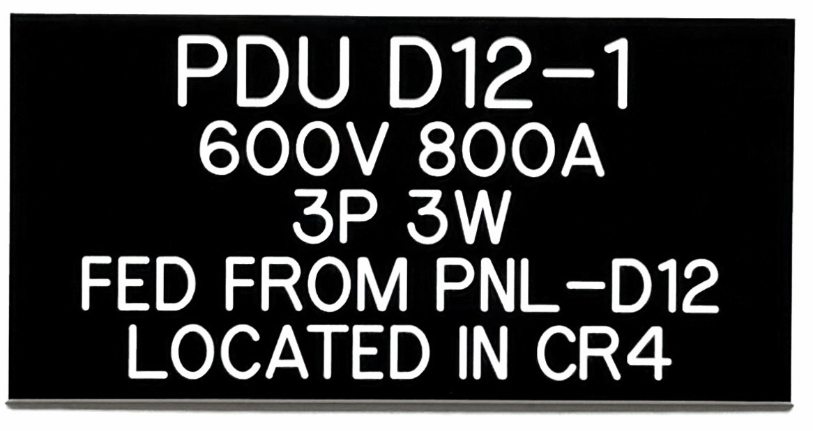 Custom engraved phenolic PDU identification nameplate for a data center power distribution unit