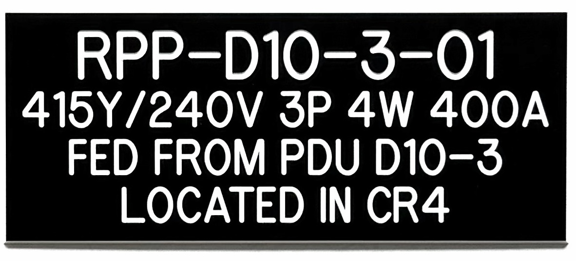 Custom engraved phenolic RPP identification nameplate for a data center remote power panel