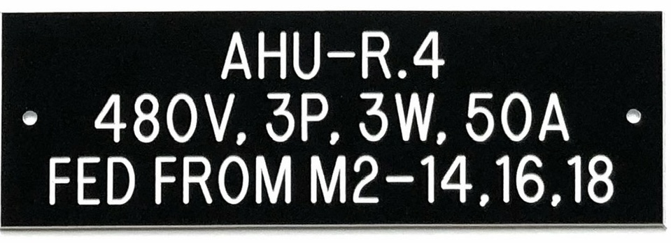 Custom engraved phenolic nameplate for an AHU air handling unit with electrical feed details