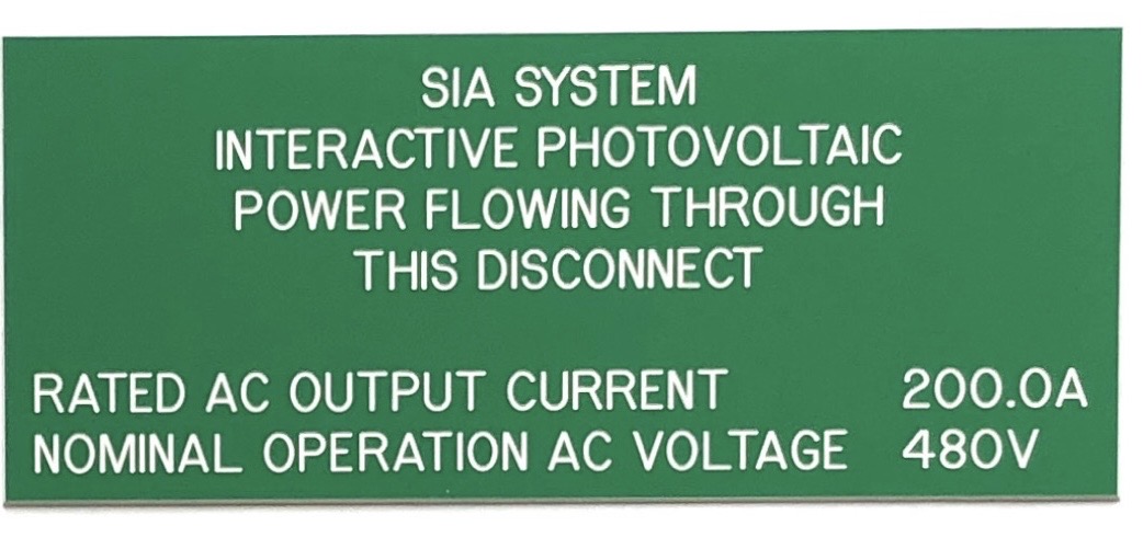 Custom engraved phenolic photovoltaic placard for a code-required solar AC disconnect