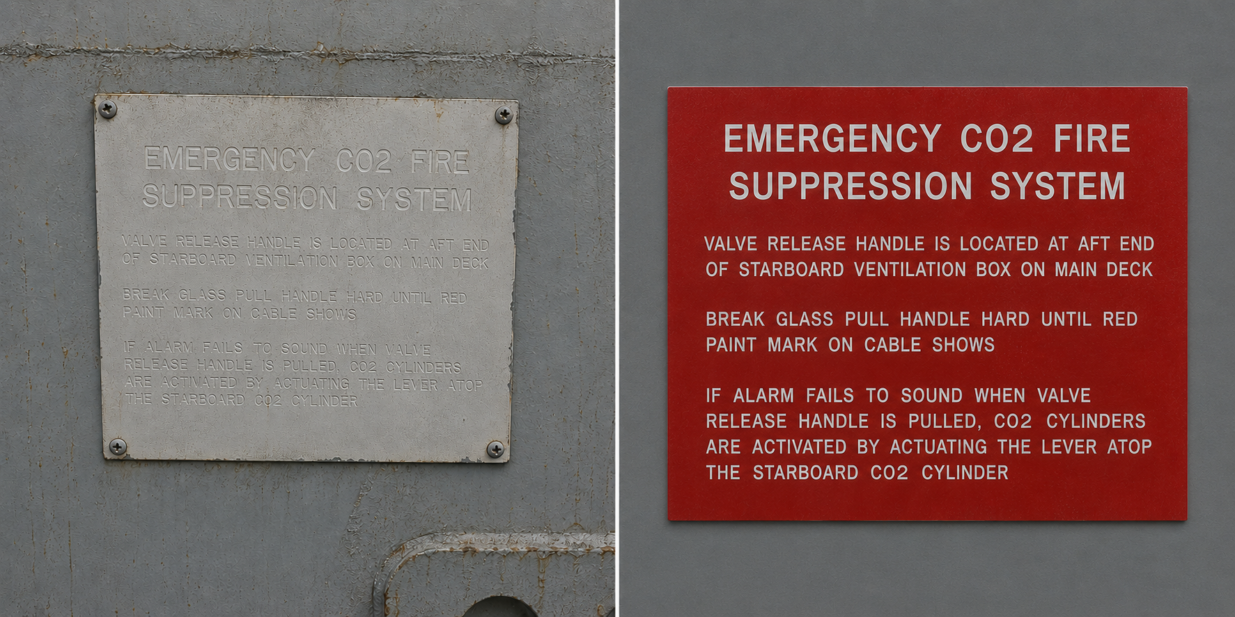 Before and after comparison — worn aged CO2 fire suppression system label replaced with a new custom engraved red phenolic label