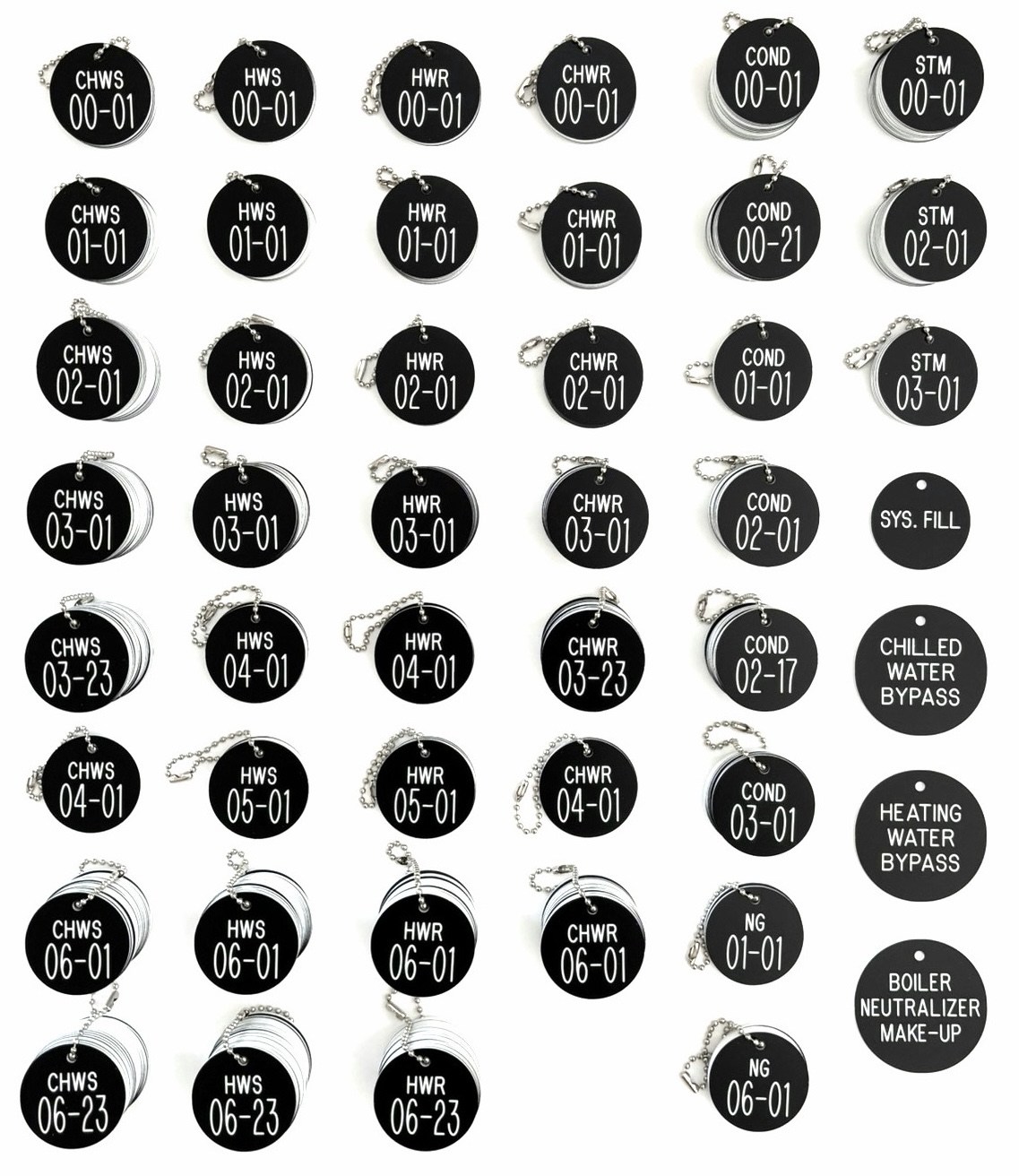 Custom engraved round phenolic valve tags produced as a bulk system identification set