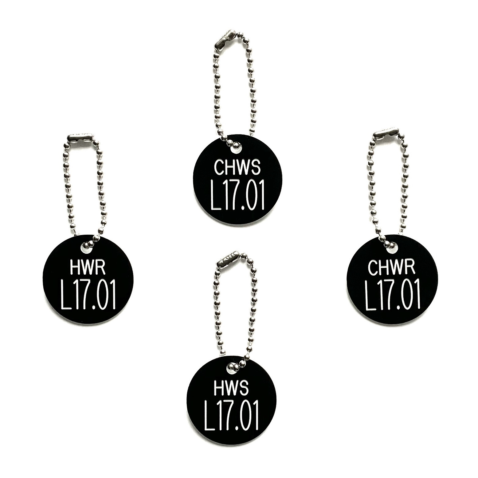 Custom engraved round phenolic valve tags for HVAC contractors — chilled water supply, hot water return, hot water supply, and chilled water return identification